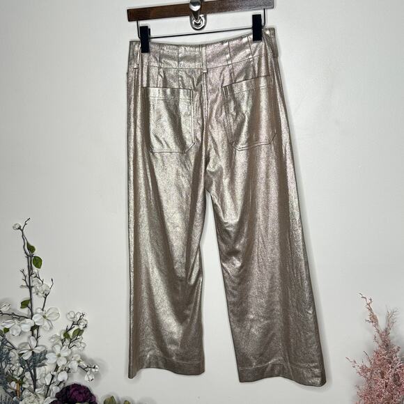 ANTHROPOLOGIE x MAEVE Colette Metallic Vegan Leather Crop Wide-Leg Pant Gold 3H8 - Picture 3 of 5